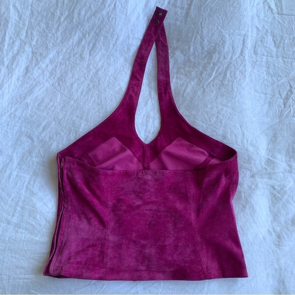 Vintage Cache Suede Leather Halter V Neck Bustier Corset Top Magenta Purple Pink - Picture 4 of 7